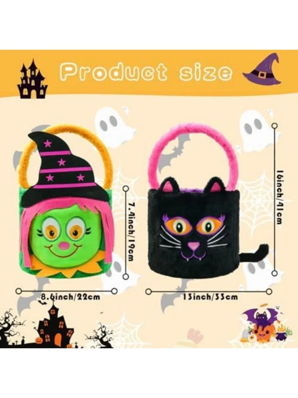 Set of 2 Plush Halloween Trick or Treat Bags - Witch & Black Cat Candy Buckets